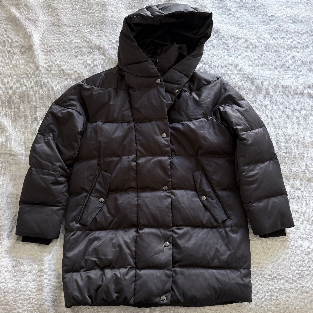 Zara Black Midi Puffer, Silky Exterior, Feather Filled, Size S